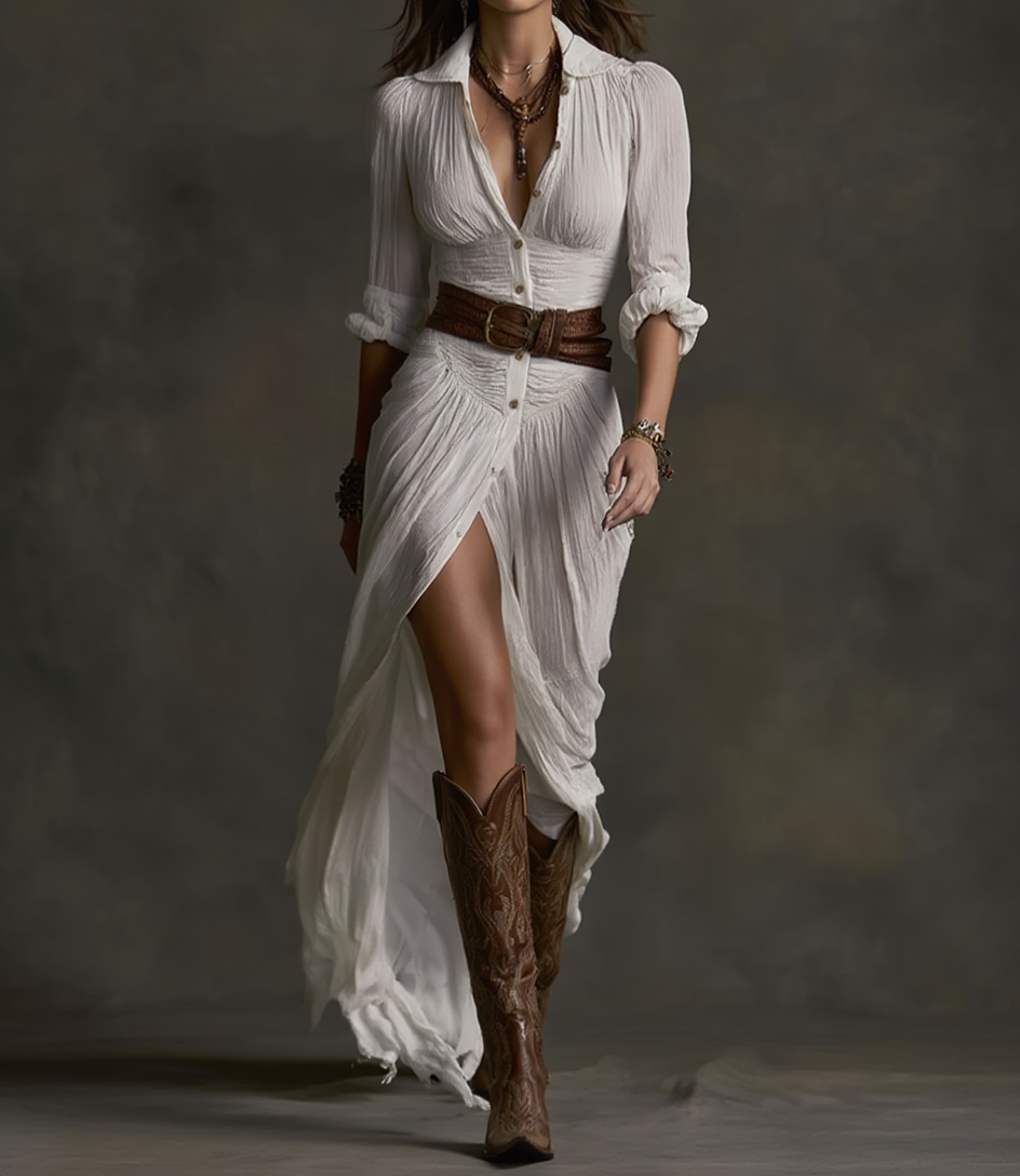 Aurora - Robe Longue en Lin avec Col Inversé