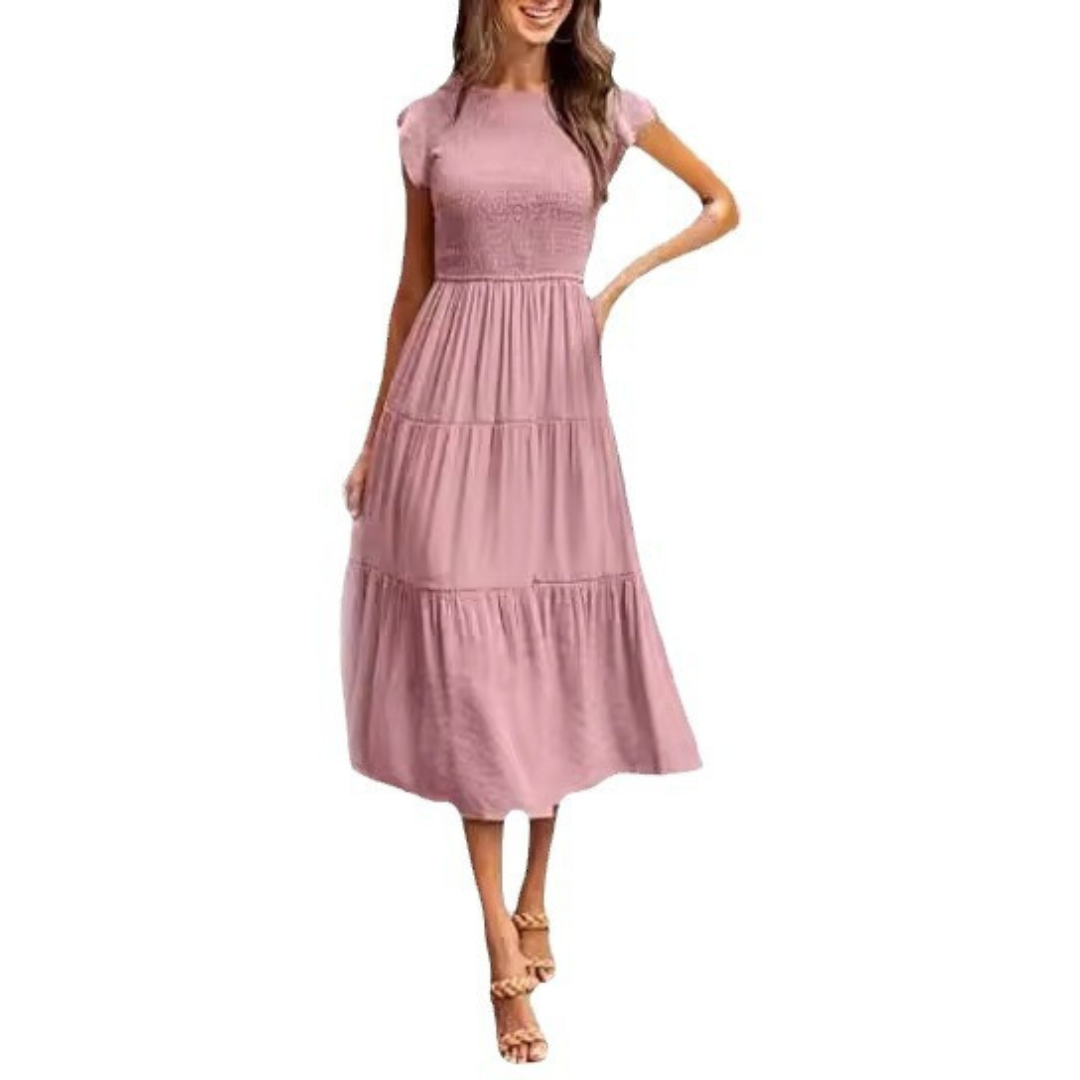 KRISELLE™ - Robe Midi Fumée à Manches Volantes Élégantes