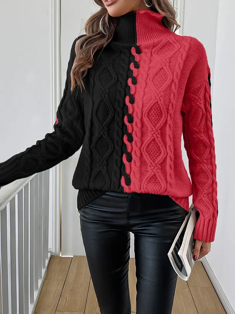 LEOVIA | Elegancki Sweter w Paski z Wysokim Kołnierzem