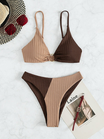 Natalie | Bikini à Jambes Hautes Bicolore Côtelé