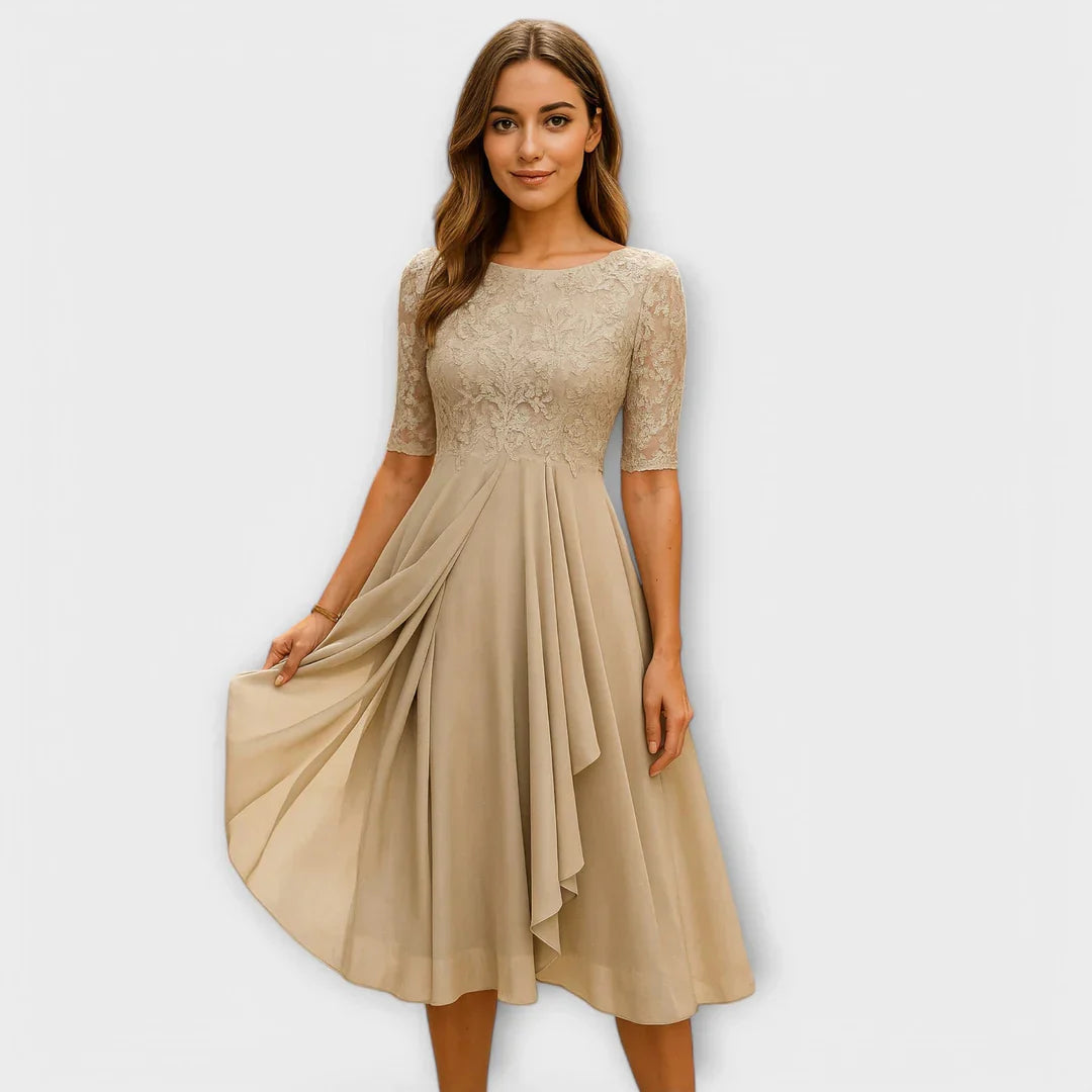 Jacinthe – Robe midi élégante à manches en dentelle