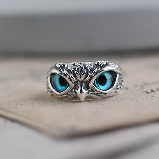 Regulowany pierścionek Good Luck Owl ze srebra i opalu