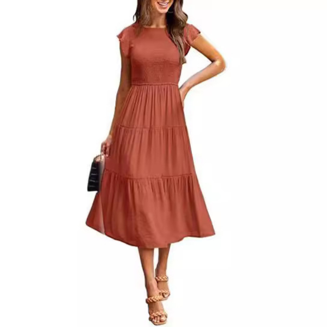 KRISELLE™ - Robe Midi Fumée à Manches Volantes Élégantes