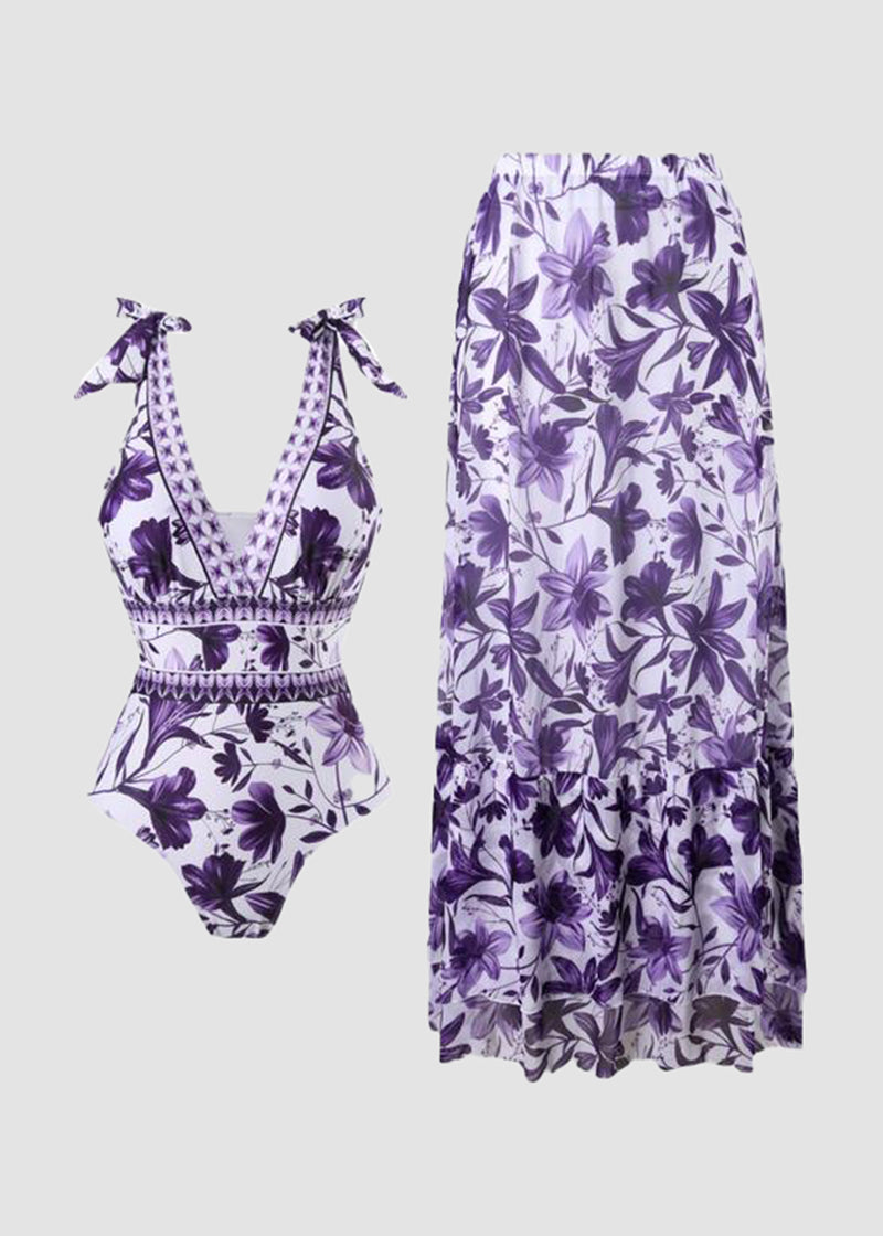 Marina | Maillot de bain floral deux pièces et jupe de couverture