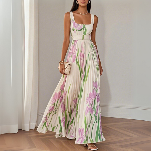 Clémentine - Robe longue plissée fleurie